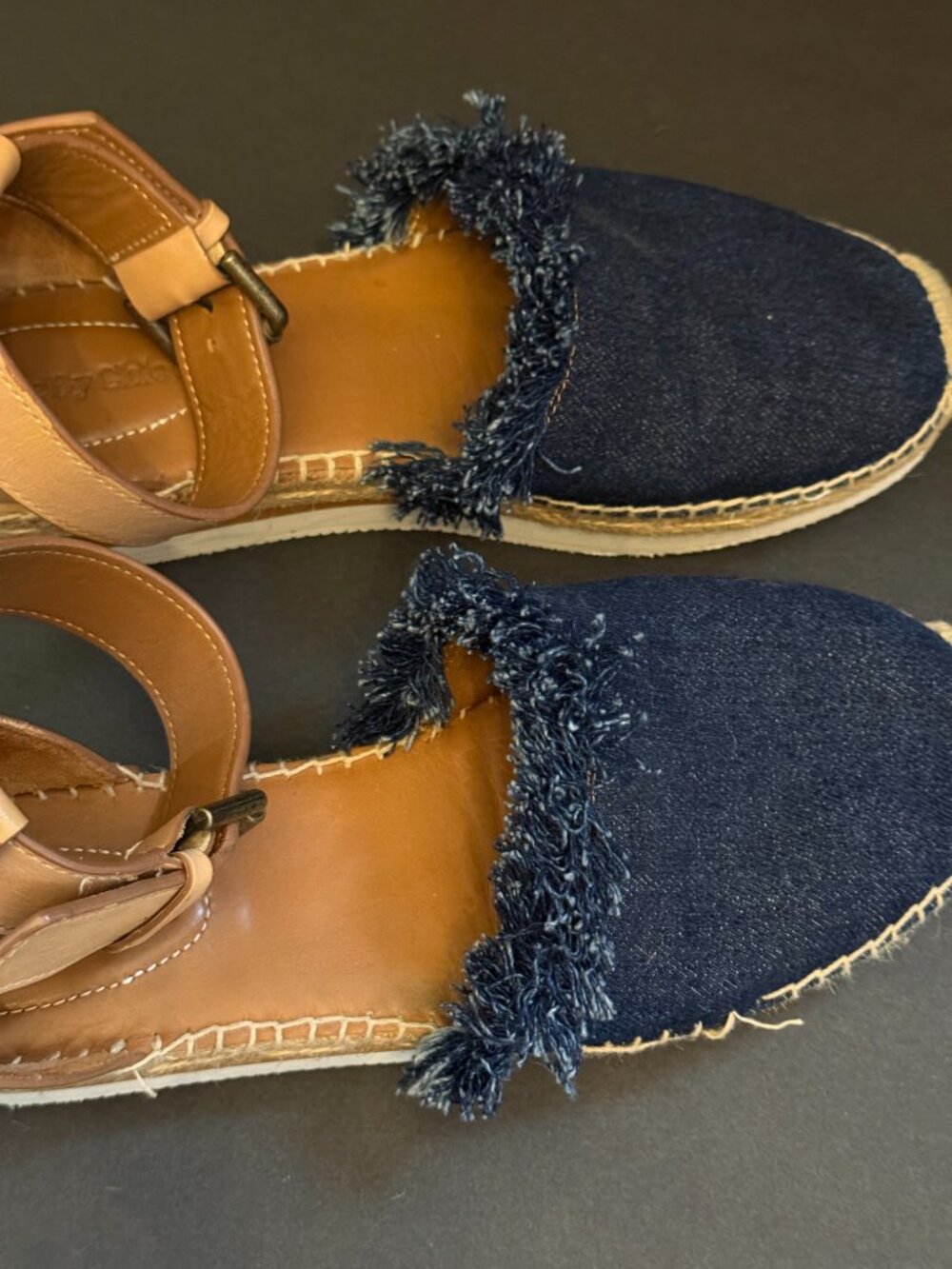 Authentic See by Chloé Denim Frayed Wedge Sandals (8) - Picture 3 of 14